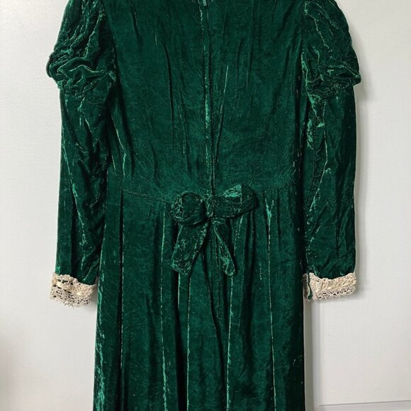 Vintage Green Velvet Victorian Dress 80s Handmade Lace Puff Sleeve Goth Whimsy - Picture 11 of 16